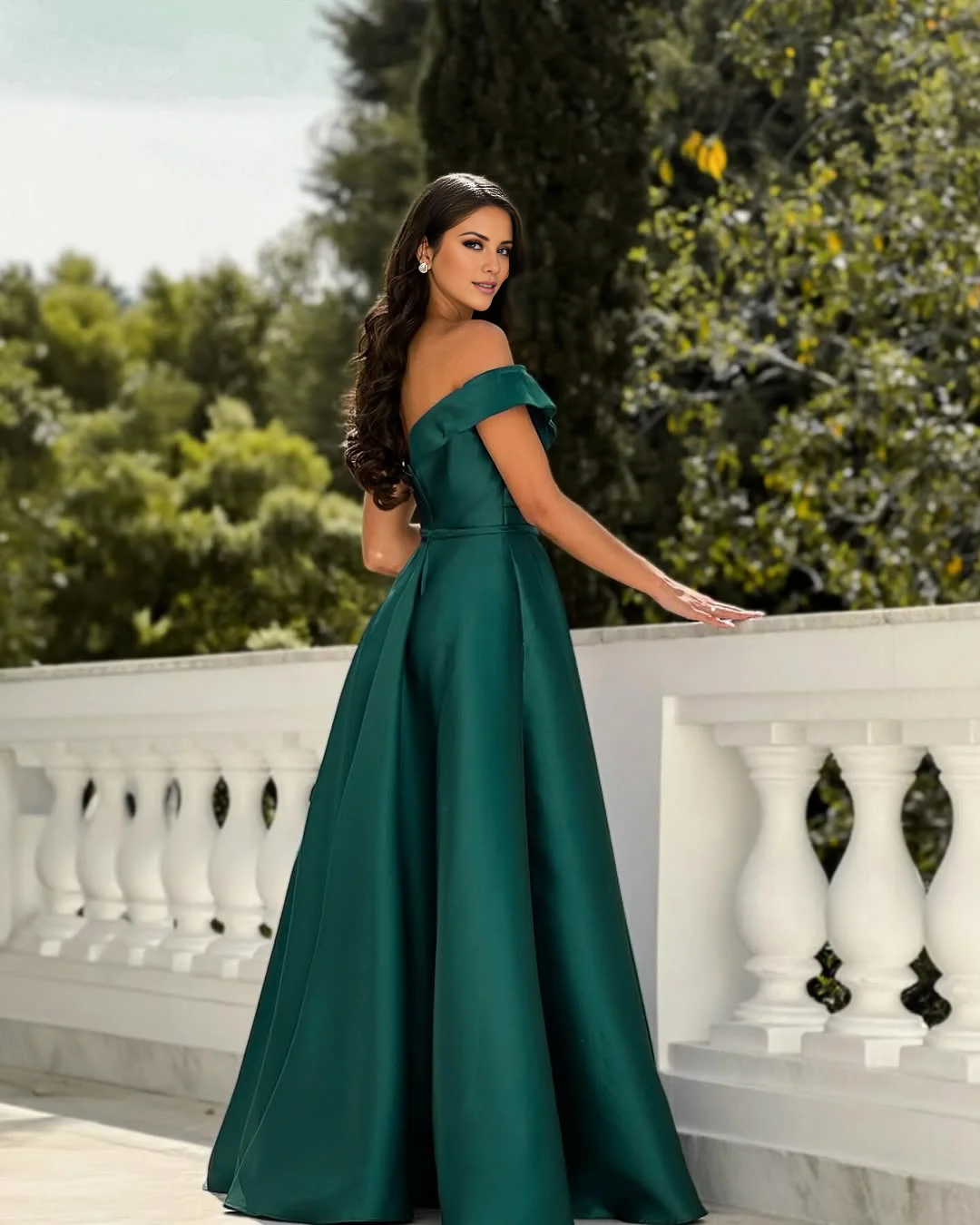 off shoulder collar backless and floor length ball gown