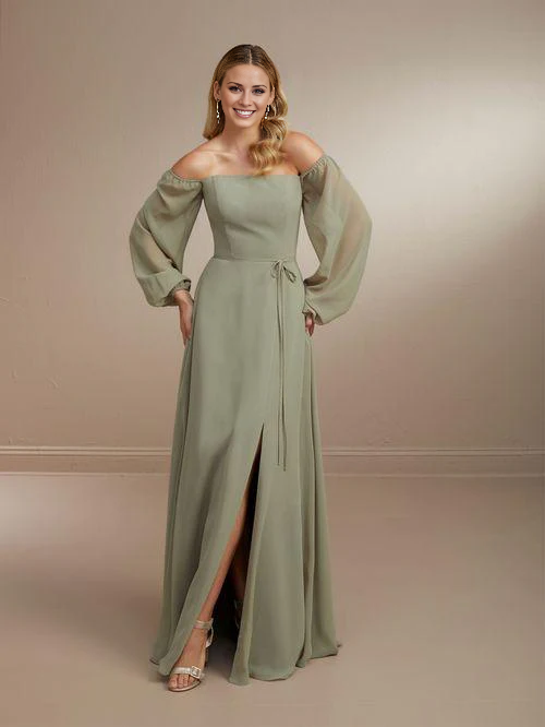 off shoulder collar long sleeved backless side slit and floor length evening dress