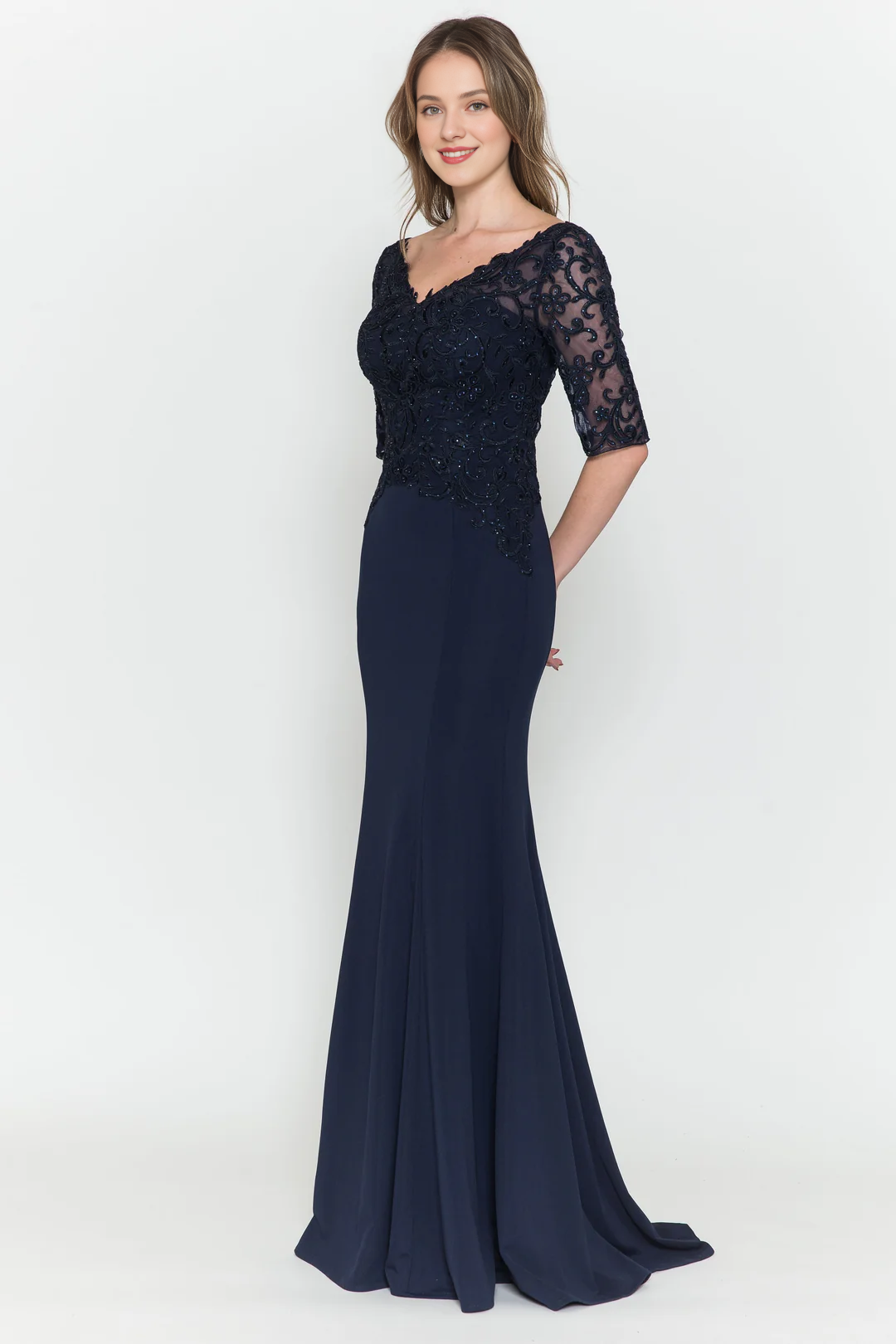 Transparent half sleeve long V-neck embroidered fitted dress