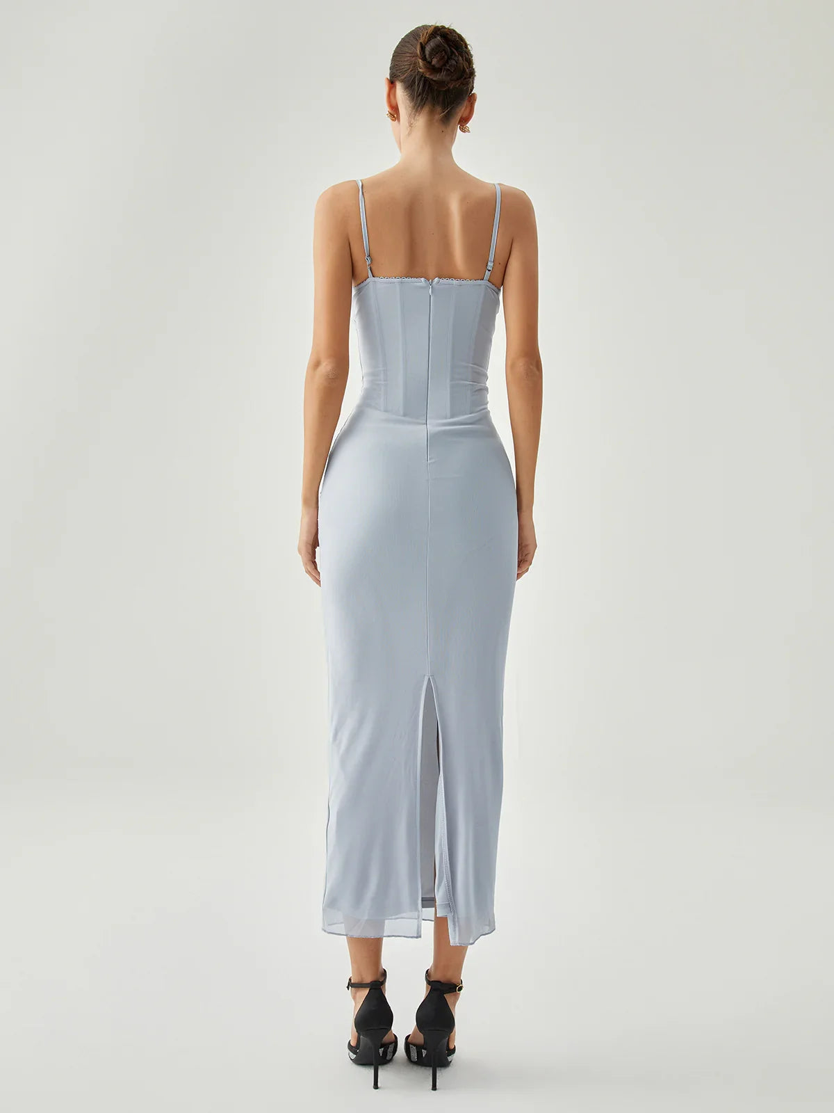 Ribbed hanging slit mesh vest long gowns even dresses