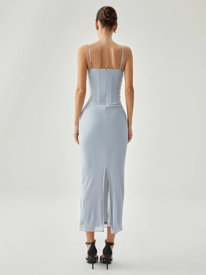 Ribbed hanging slit mesh vest long gowns even dresses