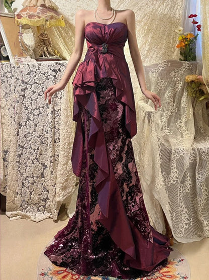 Purple Lace Beautiful Mermaid Long Satin Ball Gown Evening Dress gh4440