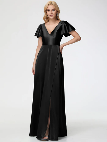 deep V-neck short sleeved satin slit Prom dress