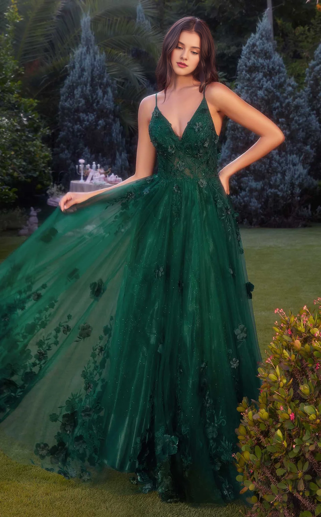 A-line 3D floral decal chiffon thin shoulder strap Prom dress