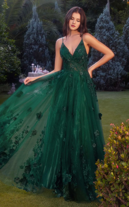A-line 3D floral decal chiffon thin shoulder strap Prom dress
