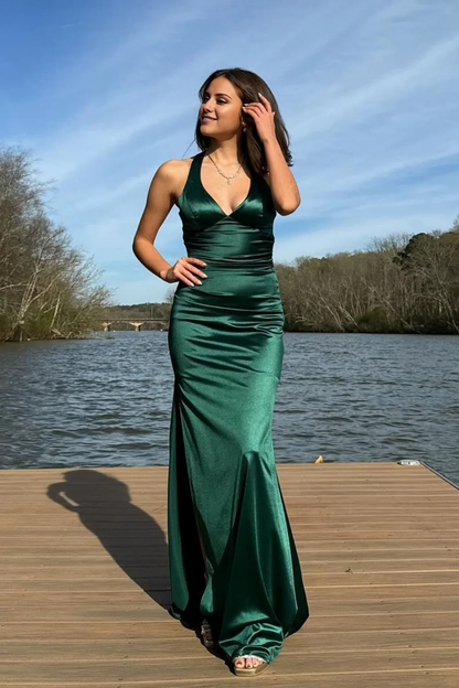 V-neck dark blue cross back long dress