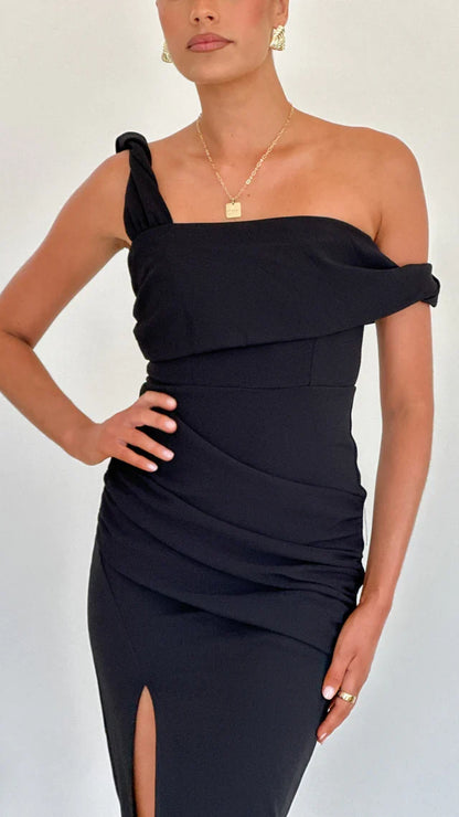 single shoulder collar satin backless side slit long Prom dress