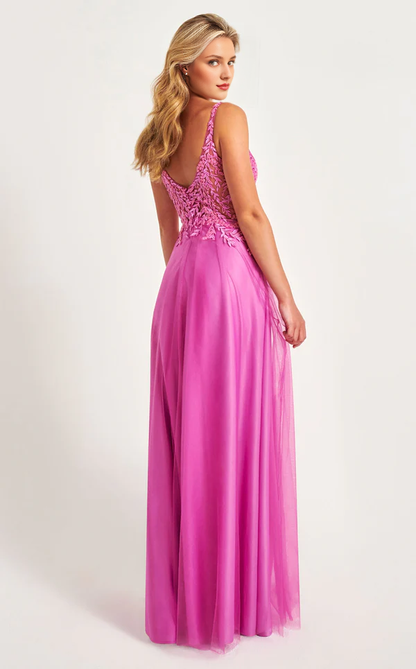 V-neck tight corset lace applique chiffon and floor length Prom dress