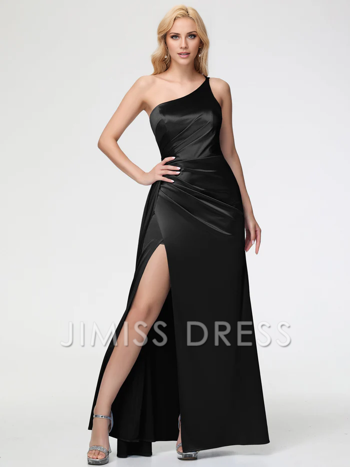 trumpet/mermaid shaped single shoulder sleeveless pleated satin slit Prom dress