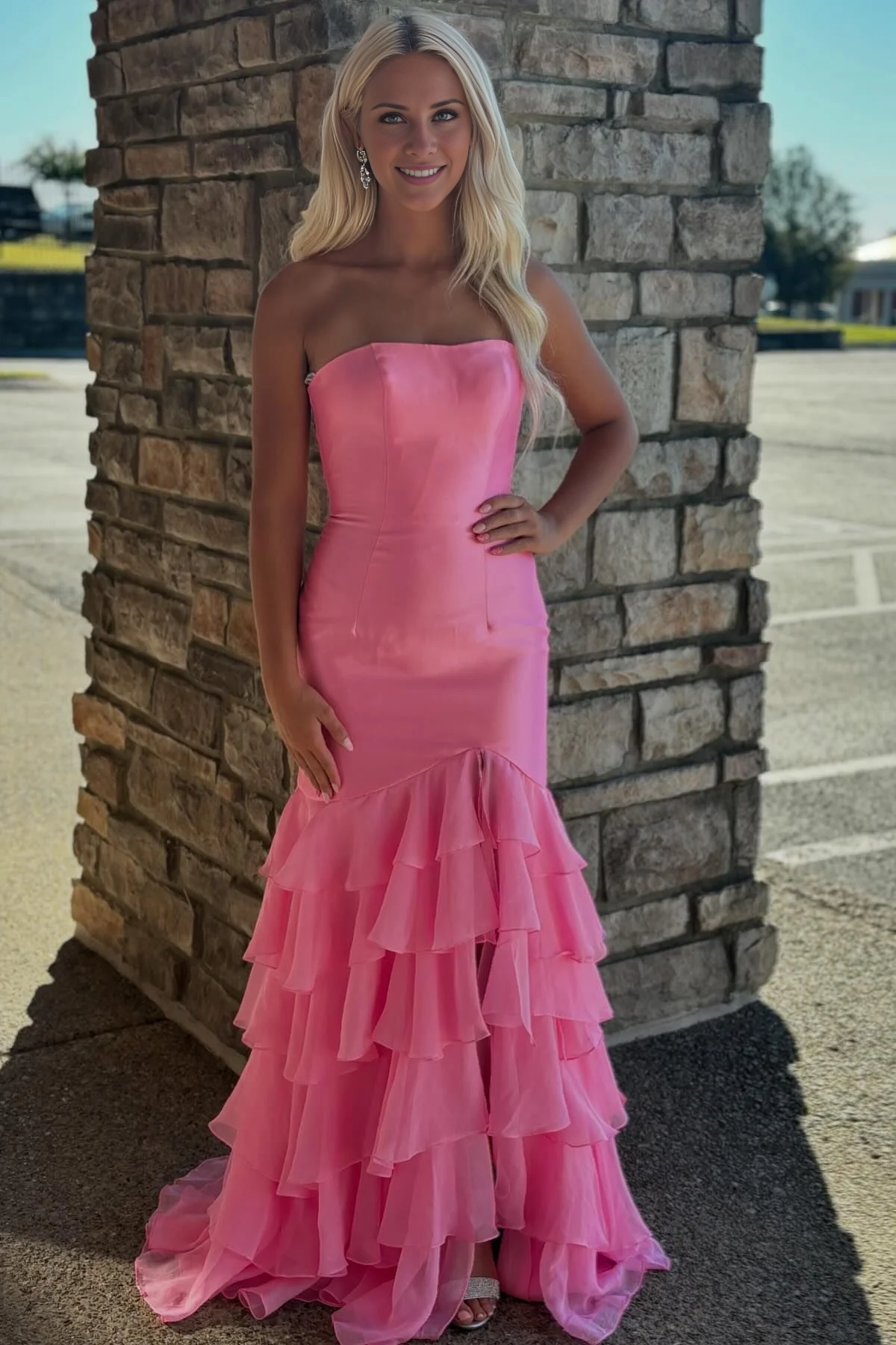 off shoulder blue layered slit mermaid long dress