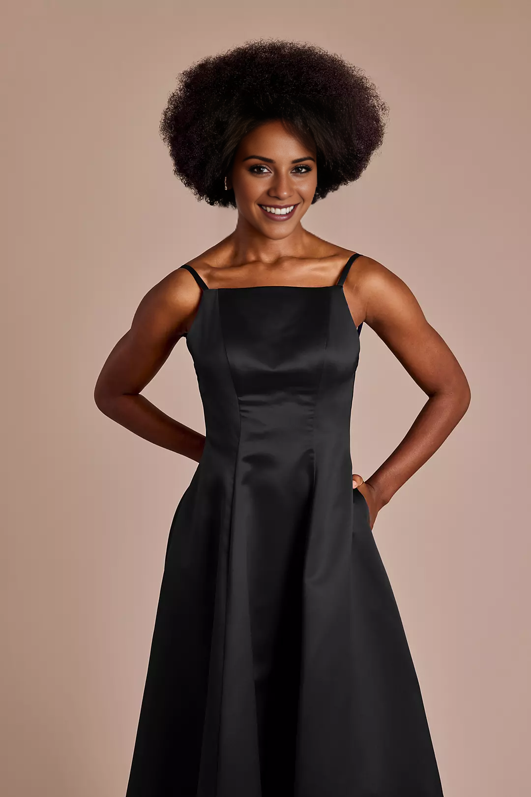 square neckline satin thin shoulder strap backless and floor length Prom dress