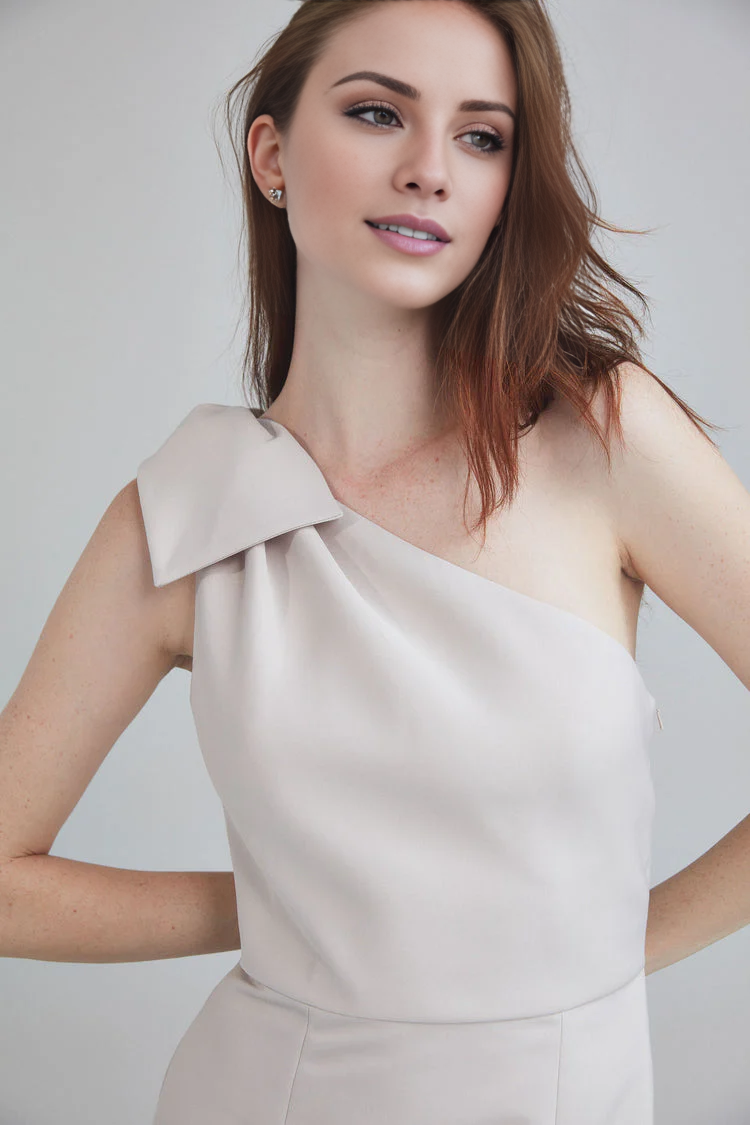 asymmetrical neckline off shoulder sleeveless bow detail backless and floor length Prom dress