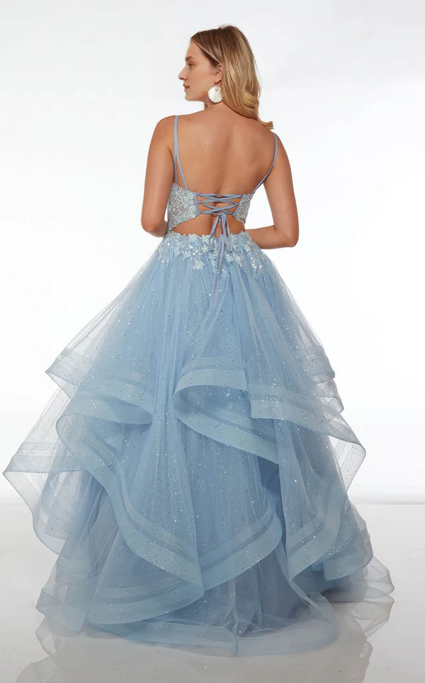 A-line square collar thin shoulder strap exposed back ruffle edge and floor length Prom dress