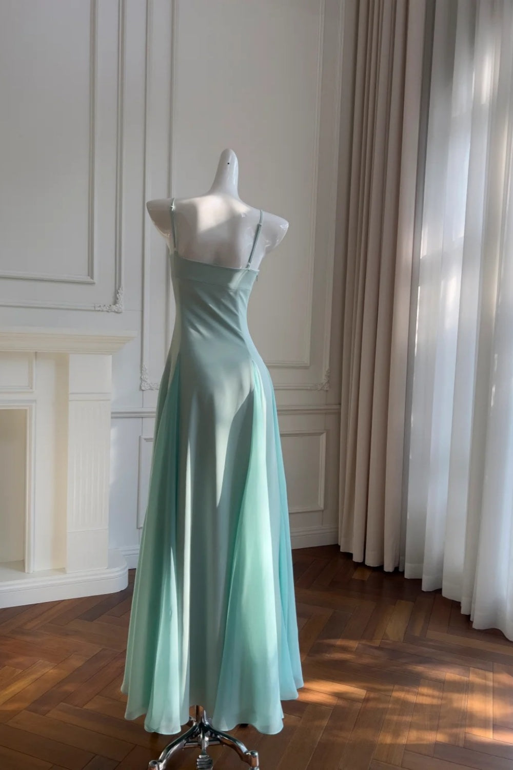 girlhomeshops- Minimalist Mint Green/Pastel Pink Spaghetti Strap Slim-Fit Long Evening Gown gh6098