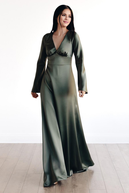 deep V-neck long sleeved backless and floor length evening dress