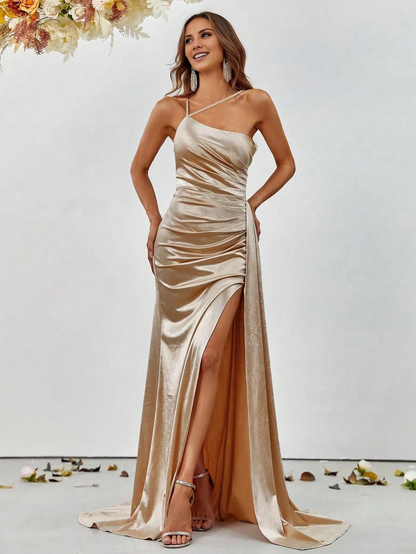 Mermaid asymmetrical neckline satin and floor length formal dresses