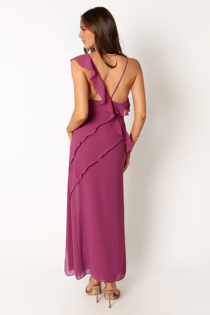 V-neck front split lotus leaf side length style Prom dress