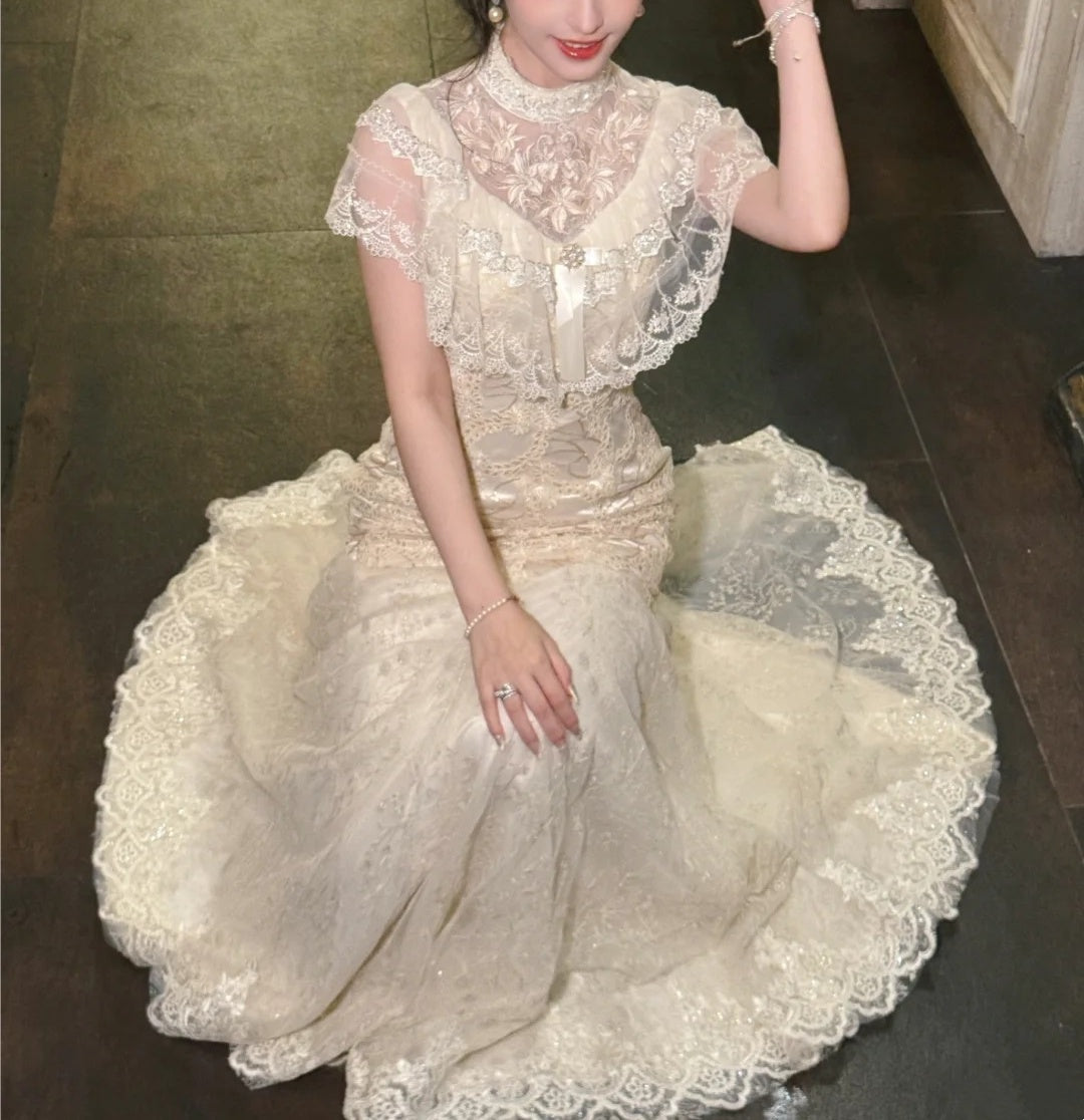 girlhomeshops-Birthday dress Lace Embroidery High-neck Gown, Retro Elegance Shows Feminine Softness gh5898