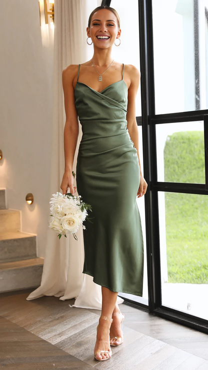 scarf collar with thin shoulder straps mid length Prom dress