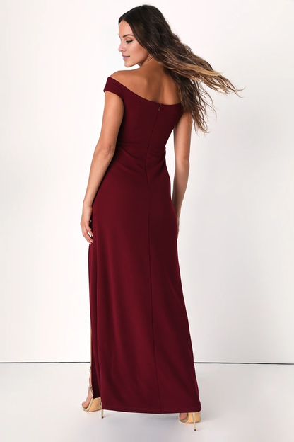 off shoulder collar sleeveless backless side slit and floor length evening dress