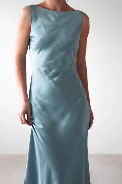 Ship neck backless shoulder strap satin long Prom dress - Dress
