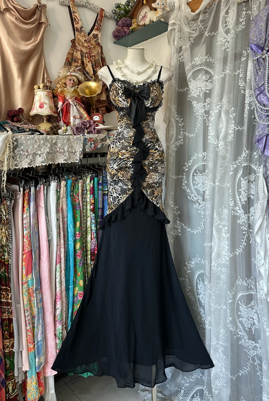 Leopard print suspenders slim waist hip fishtail sexy long skirt ball gown R6169
