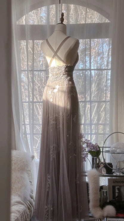 Gray Purple Romantic Fashion Elegant Exquisite Lace Floral Applique Long Tulle Fairy Ball Gown Evening Dress Birthday/Wedding Guest/Holiday Party Dress Prom Dress Valentine's Day Date Dress Bridesmaid Dress gh4031