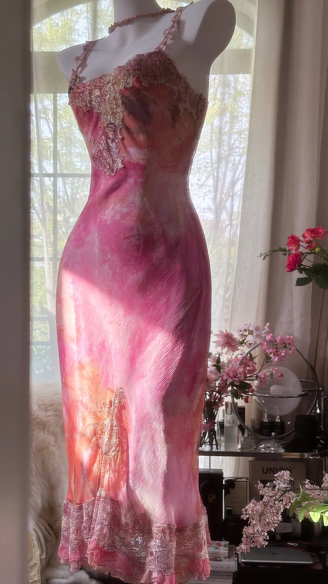 Pink gorgeous gradient exquisite beaded lace long chiffon fairy ball gown evening dress wedding party dress prom dress graduation date dress gh3990
