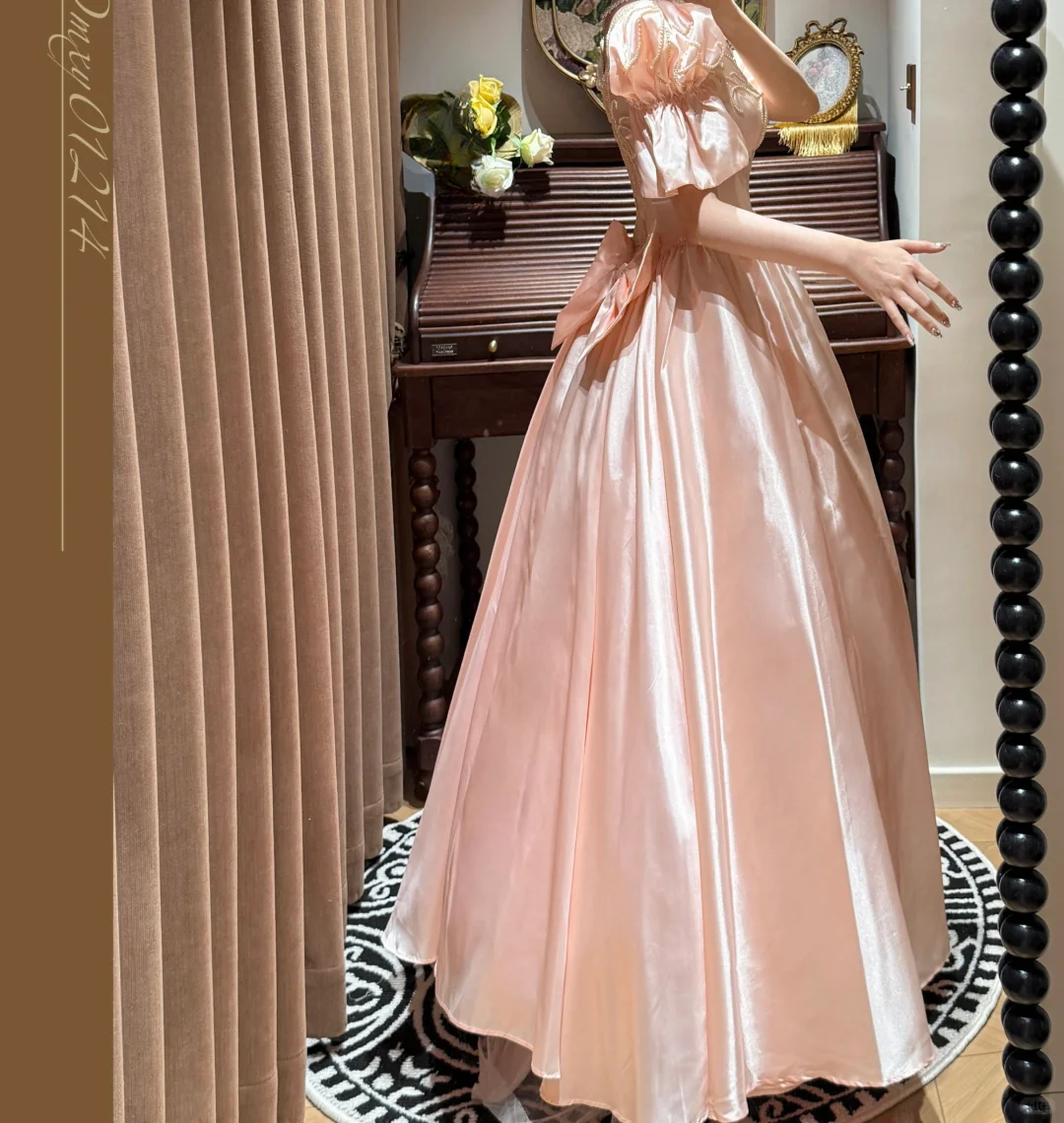 Elegant Pink Satin Puffy Sleeves Beaded A-Line Evening Gown TP5408