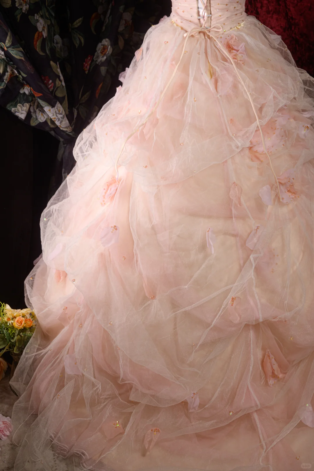 Vintage Pink Strapless Tulle Ball Gown Floral Embellishments A-Line Layered Quinceañera Formal Dress TP5115