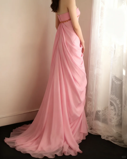 Elegant Pink Halter-Neck Evening Gown Beaded Trim & Flowing Chiffon Prom Dress TP5637