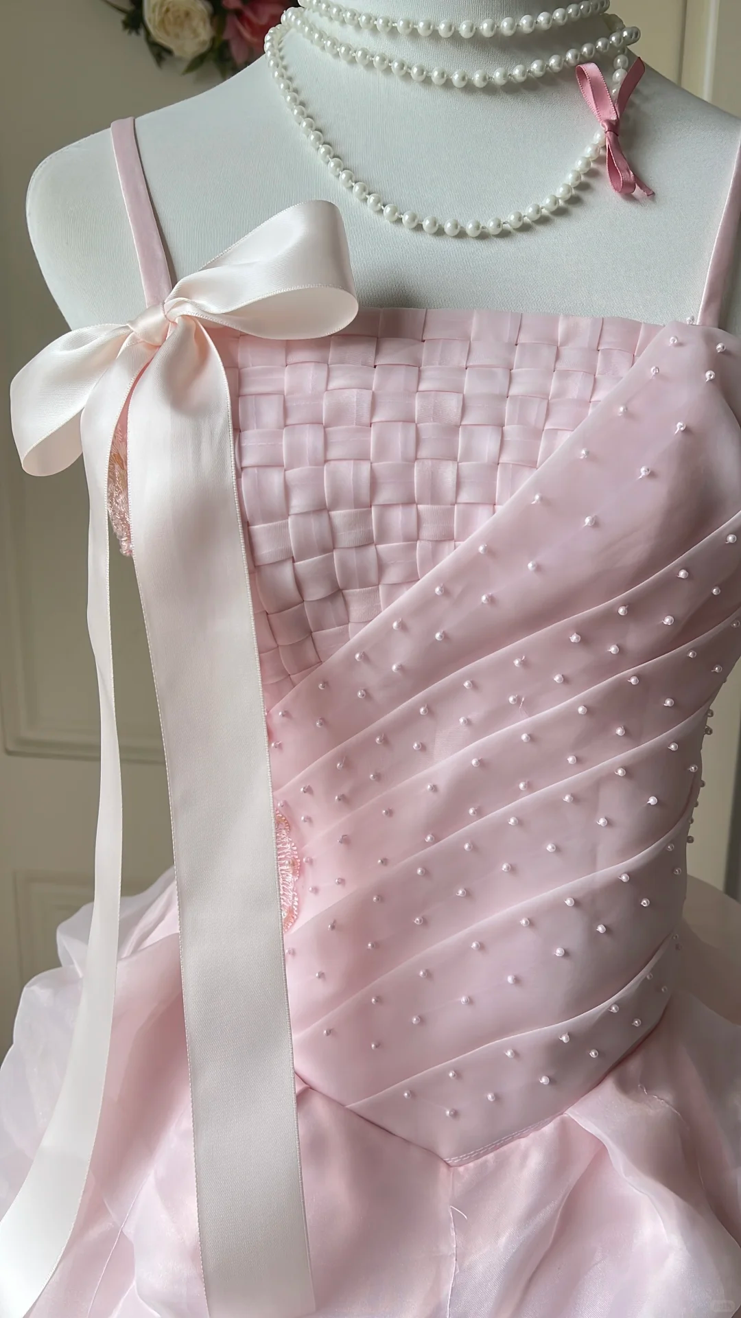 Glamorous Light Pink Bow Pearl Beaded Tiered Sweet 15 Quinceanera Ball Gown TP5828