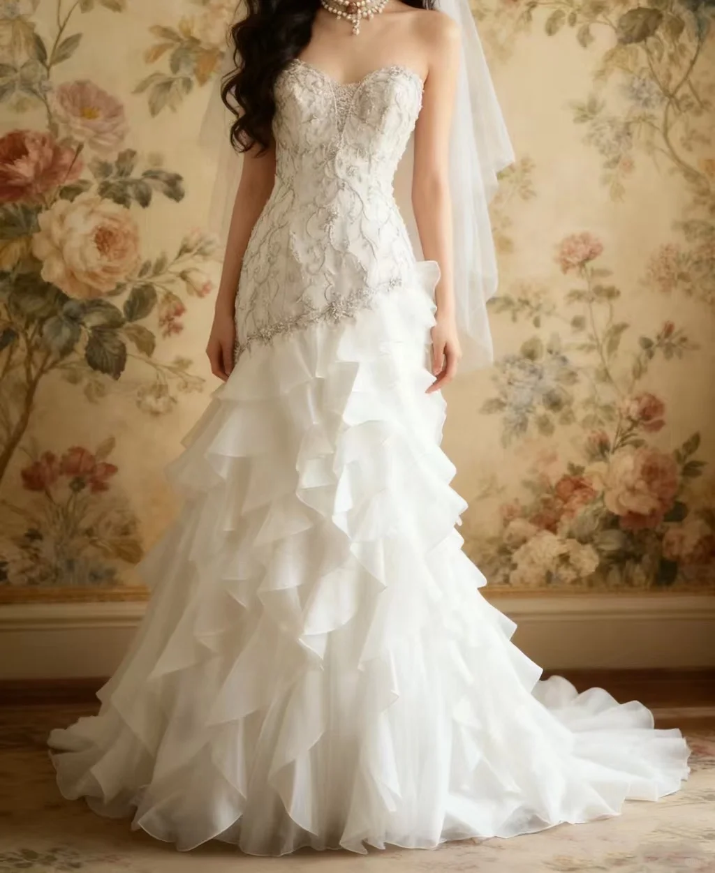 Romantic Strapless Lace Sweetheart Mermaid Ruffled Organza Wedding Gown TP5641