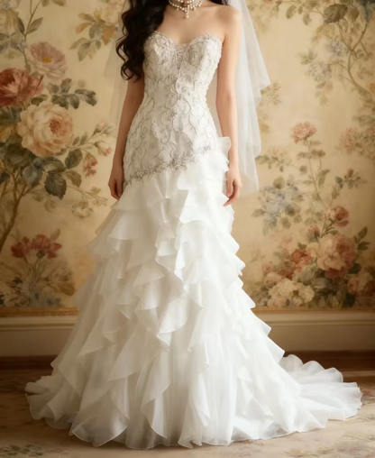 Romantic Strapless Lace Sweetheart Mermaid Ruffled Organza Wedding Gown TP5641