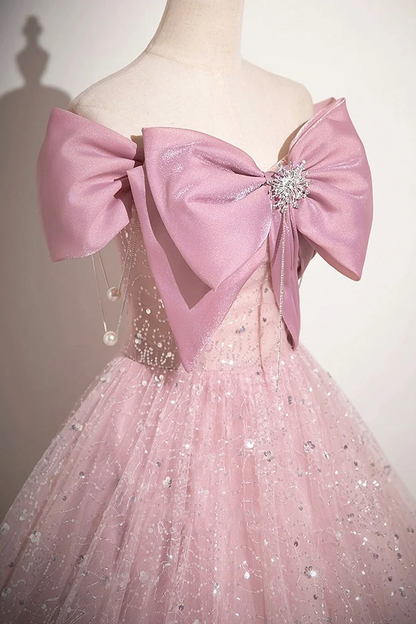 Cute Pink Tulle Sequins Long A-Line Ball Gown, Off Shoulder Sweet 16 Dress cc1732
