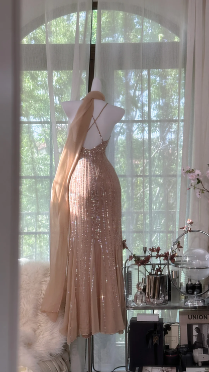 Luxury Champagne Beaded Mermaid Evening Gown Spaghetti Strap Sparkle Formal Prom Dress TP5744