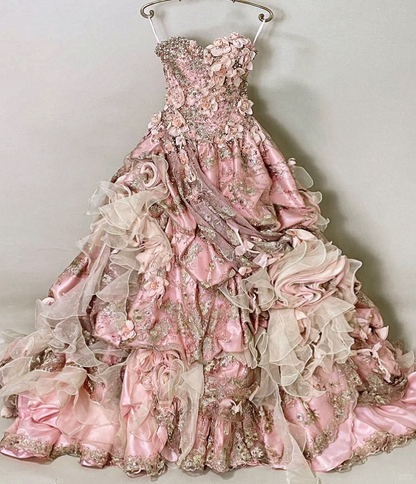 Glamorous Pink 3D Floral Strapless Beaded Sweetheart Ruffled Tulle Sweet 15 Quinceanera Ball Gown TP5491