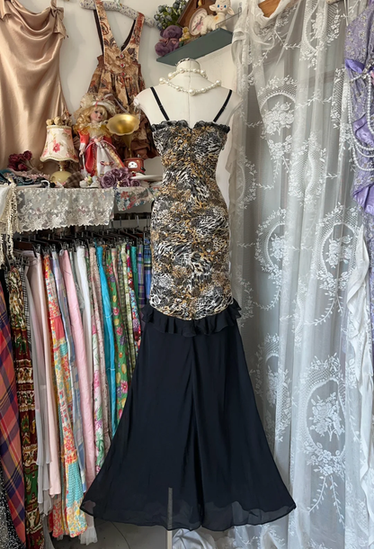 Vintage Leopard Print Sweetheart Design Mermaid Spaghetti Strap Prom Dress Evening Dress TP4207