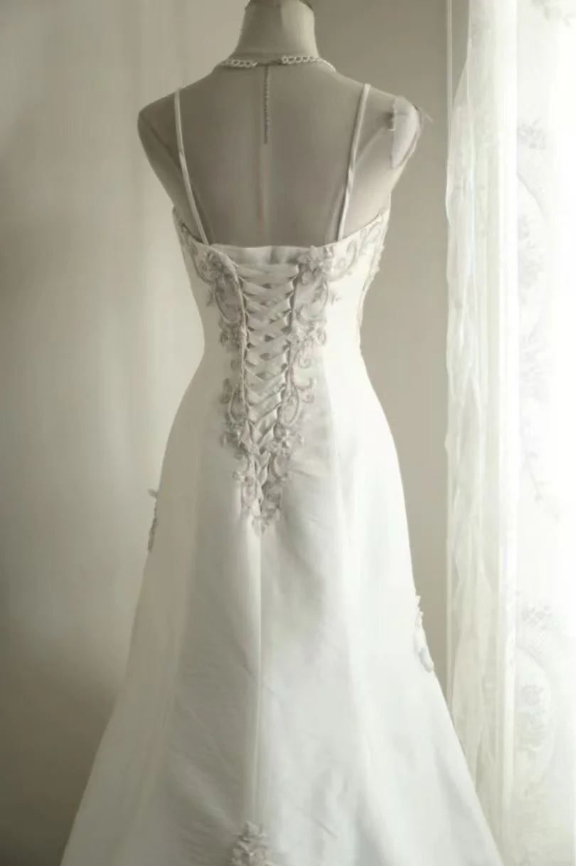 Elegant Satin Spaghetti Strap Beaded Draped A-Line Prom Dress TP5629