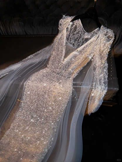 Glamorous Champagne Sequin Mermaid Beaded Embroidery Sheer Tulle Evening Gown TP5391