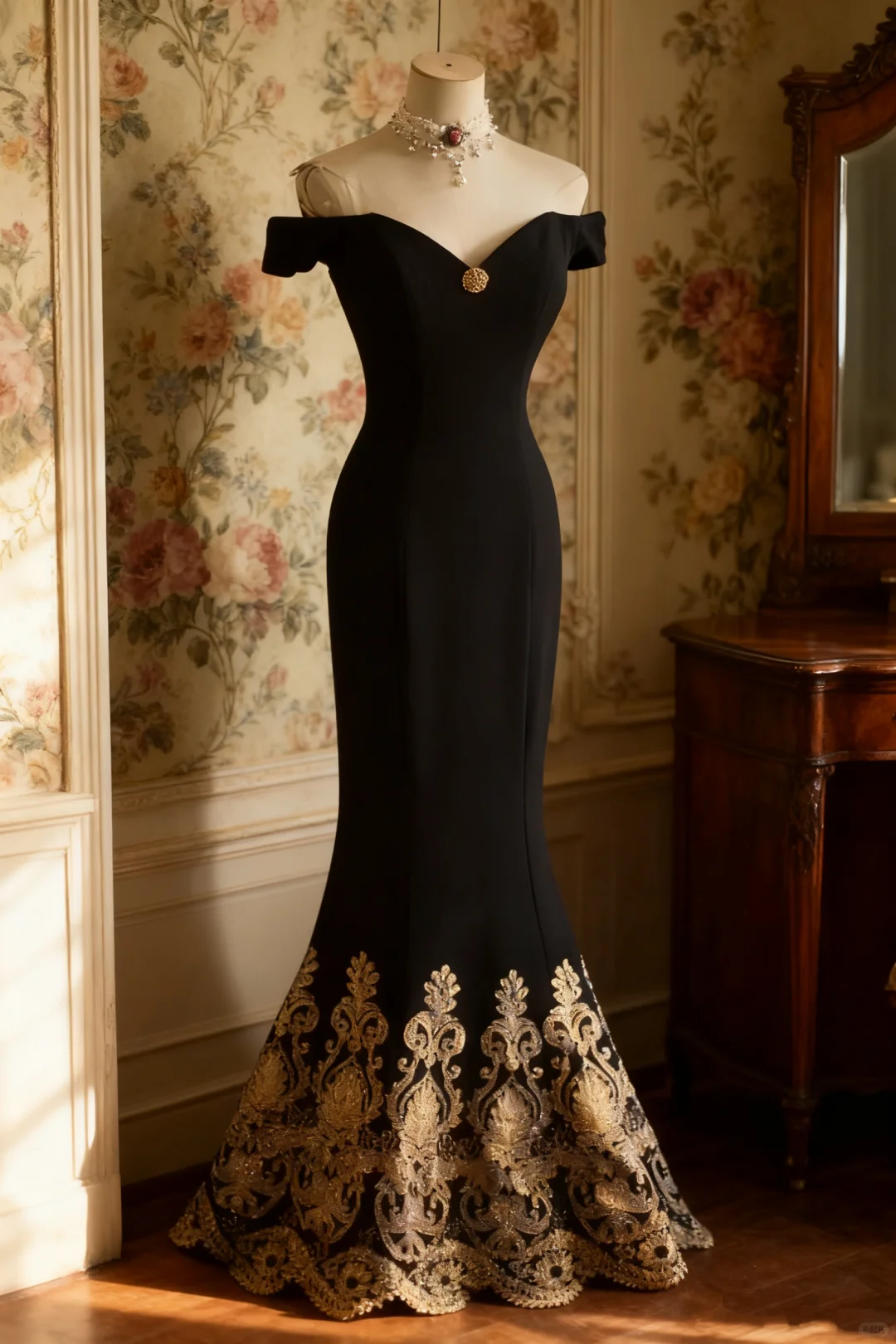 Elegant Black Off-Shoulder Mermaid Evening Gown with Gold Embroidery TP5636