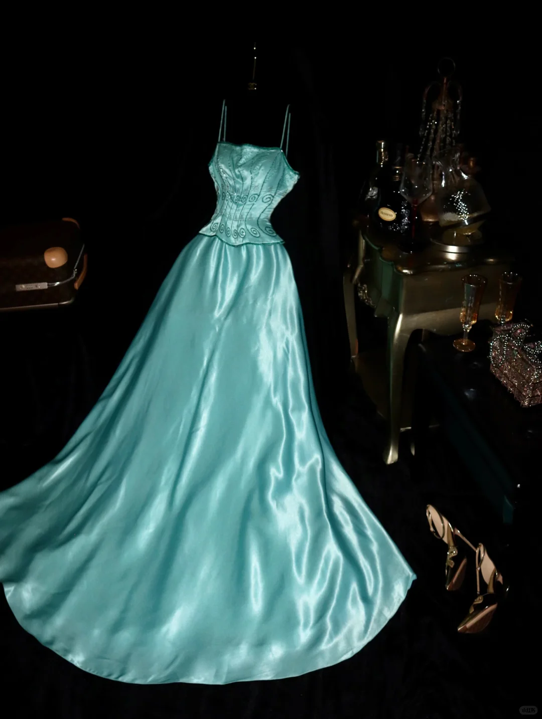 Glamorous Turquoise Satin A-Line Corset Bodice & Spaghetti Straps Evening Gown TP5381