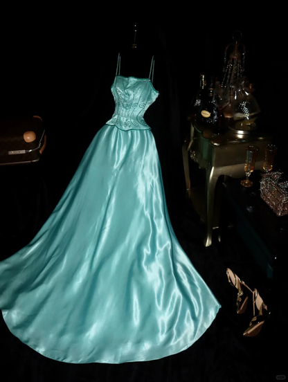 Glamorous Turquoise Satin A-Line Corset Bodice & Spaghetti Straps Evening Gown TP5381