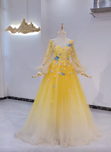 Yellow Gradient Long Sleeve Floral Embellished Long Evening Dress, Fairy Gown, Romantic Gown gh7378