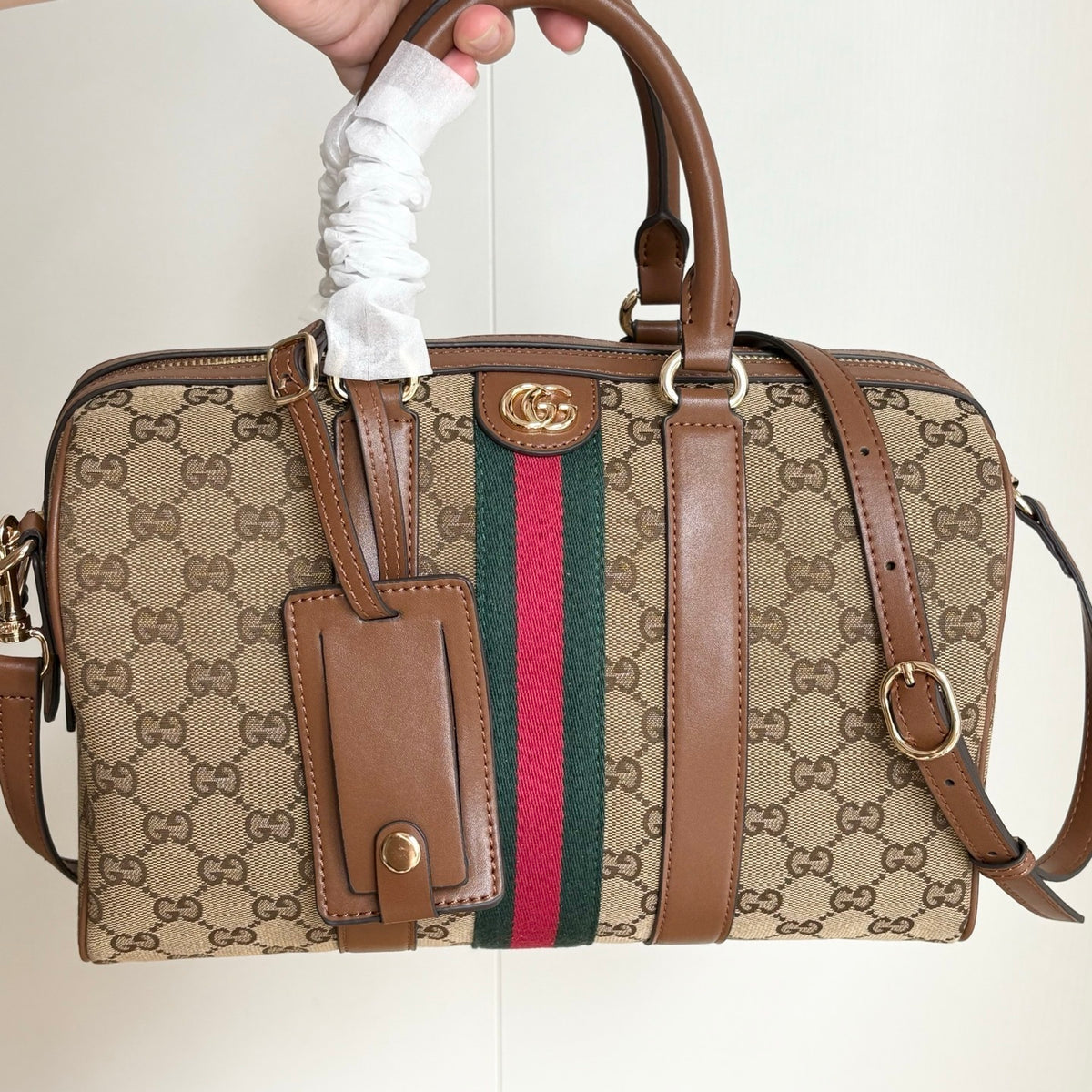 Gucci Ophidia Medium Boston Bag Beige And Brown GG Canvas 30Cm