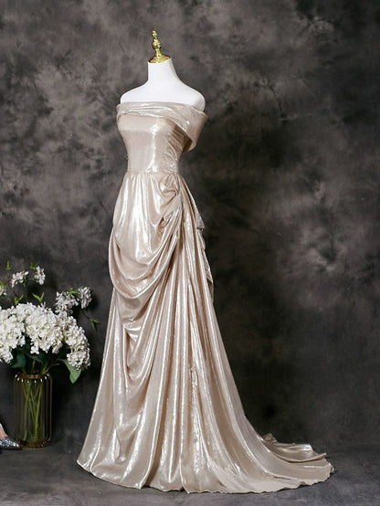 Glamorous Champagne Satin Off-Shoulder Sheath Draped Evening Gown TP5102