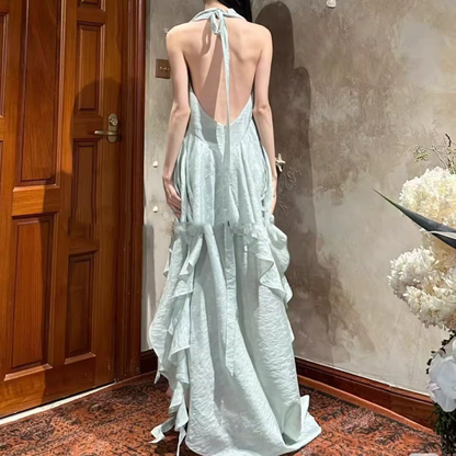 Romantic Halter Neck Draped Asymmetrical Ruffled Prom Dress TP5706