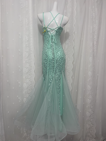 Glamorous Mint Green Sequined V-Neck Mermaid Tulle Spaghetti Strap Evening Gown Prom Dress TP5233