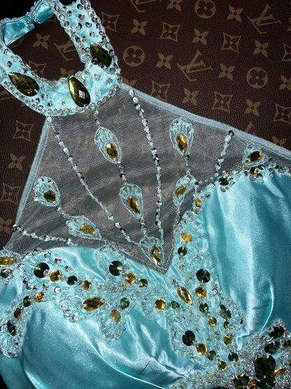 Elegant Turquoise Satin Halter Neck Rhinestone Beaded Evening Gown TP5368