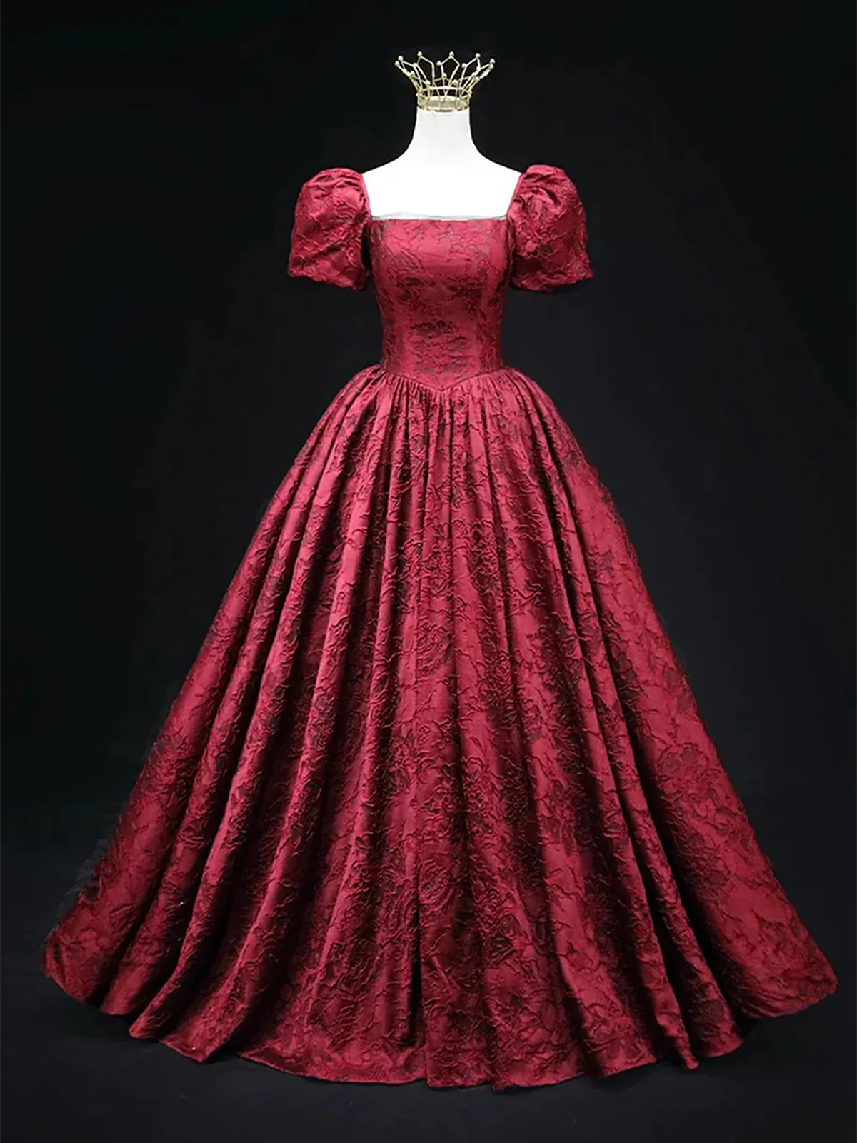 Vintage Square Neck Wine Red Prom Gown Short Sleeves Evening Dress Party Dress
